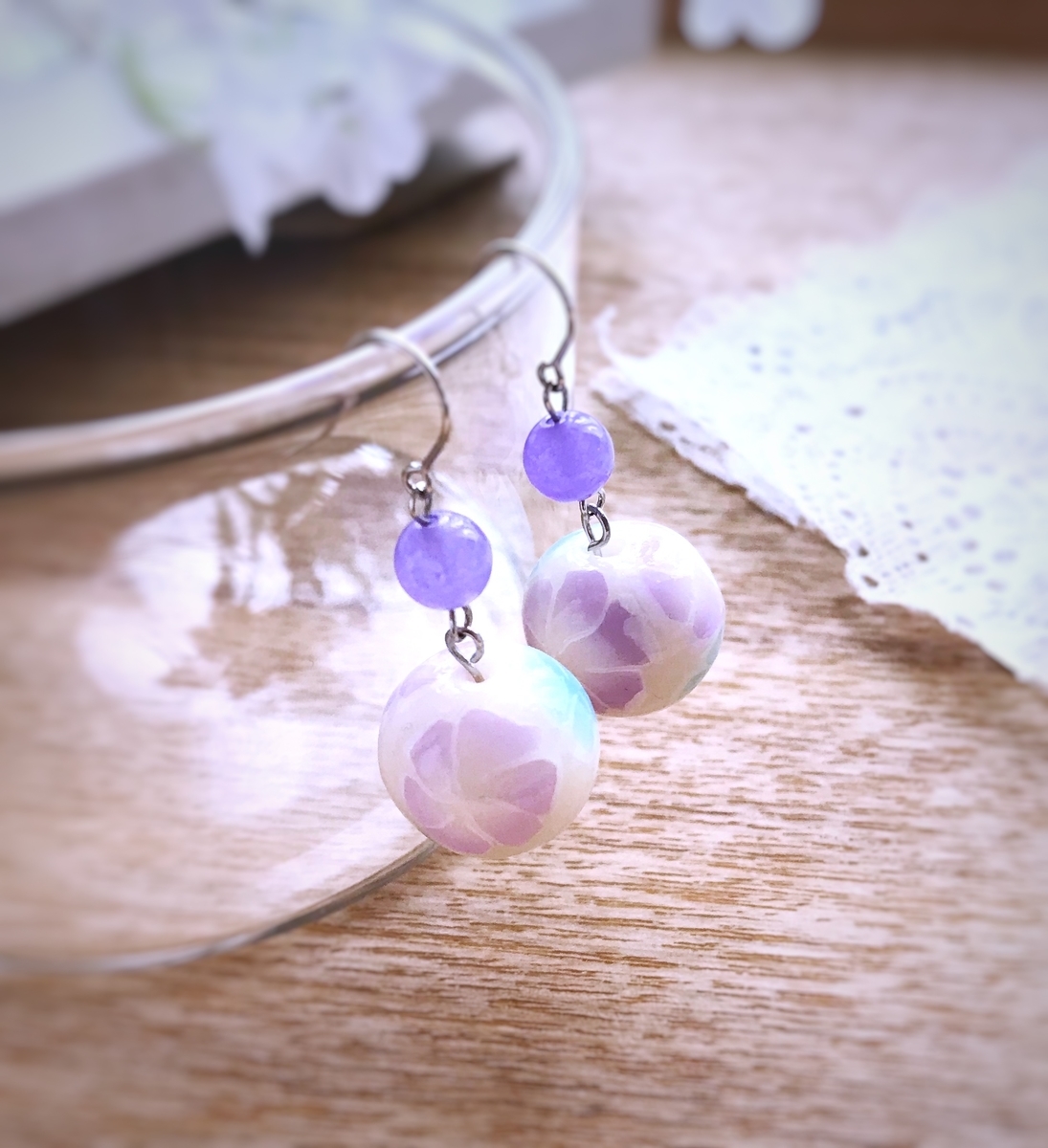 ぼかしフラワー ピアス 紫