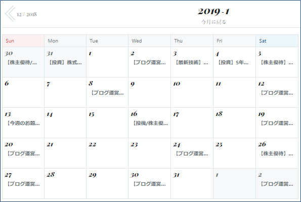 2019年1月の記事公開カレンダー