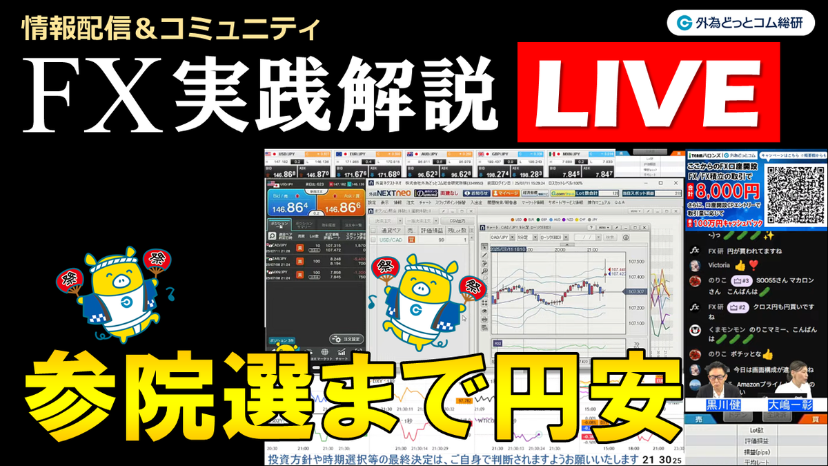 テスト　購入者様おまけ例 FX実践解説、ドル円147円台「参院選まで円安」（2025年7月11日