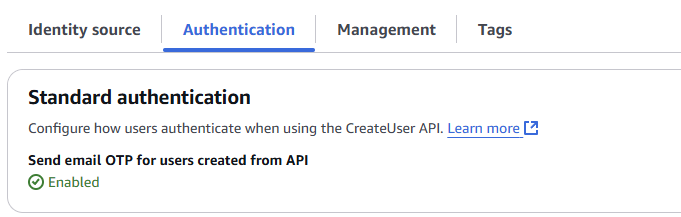 Send email OTP for users created from APIは有効にしておく