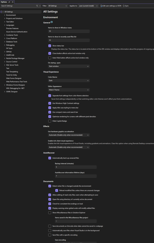 Visual Studio 2026のオプション設定
