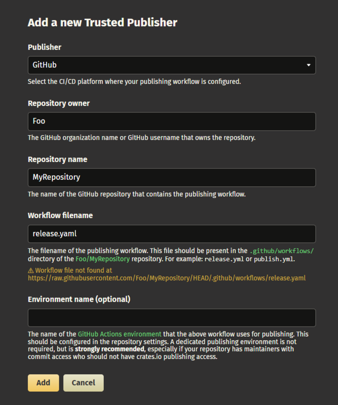 Trusted Publishingの設定画面