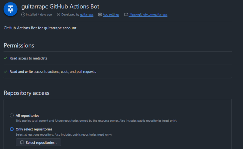 GitHub Actions Appをインストールするとリポジトリアクセスを指定できる