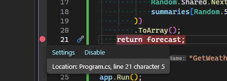 赤い丸にマウスを合わせてSettingsをクリック