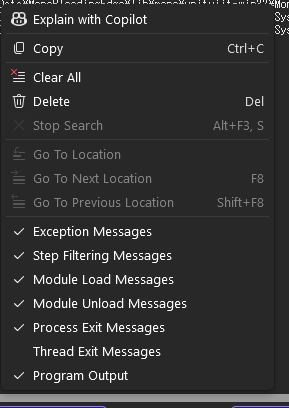 出力ウィンドウを右クリックしてThread Exit Messagesをオフにします
