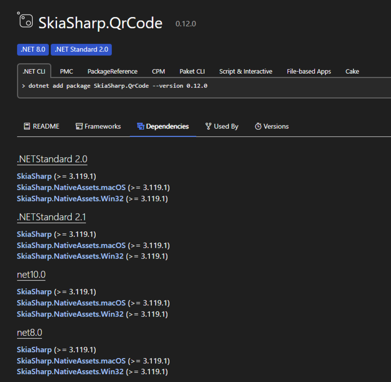 NuGetで確認できるSkiaSharp.QrCodeパッケージの依存関係。SkiaSharpやNativeAssetsパッケージに依存していることがわかる