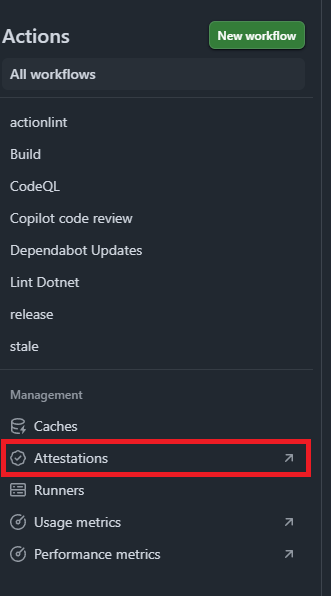 Actions一覧にAttestationsへのリンク