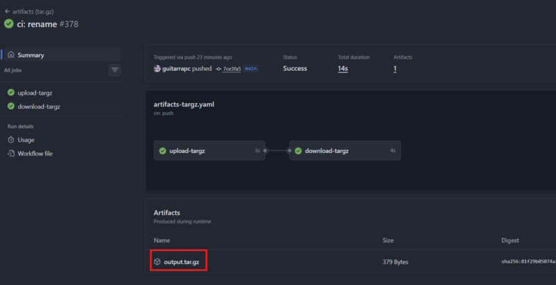 ワークフロー実行結果にoutput.tar.gzが添付されている