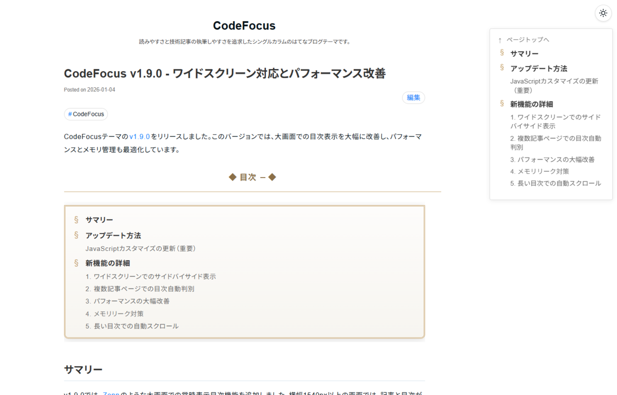 レストランメニュー目次の表示例
