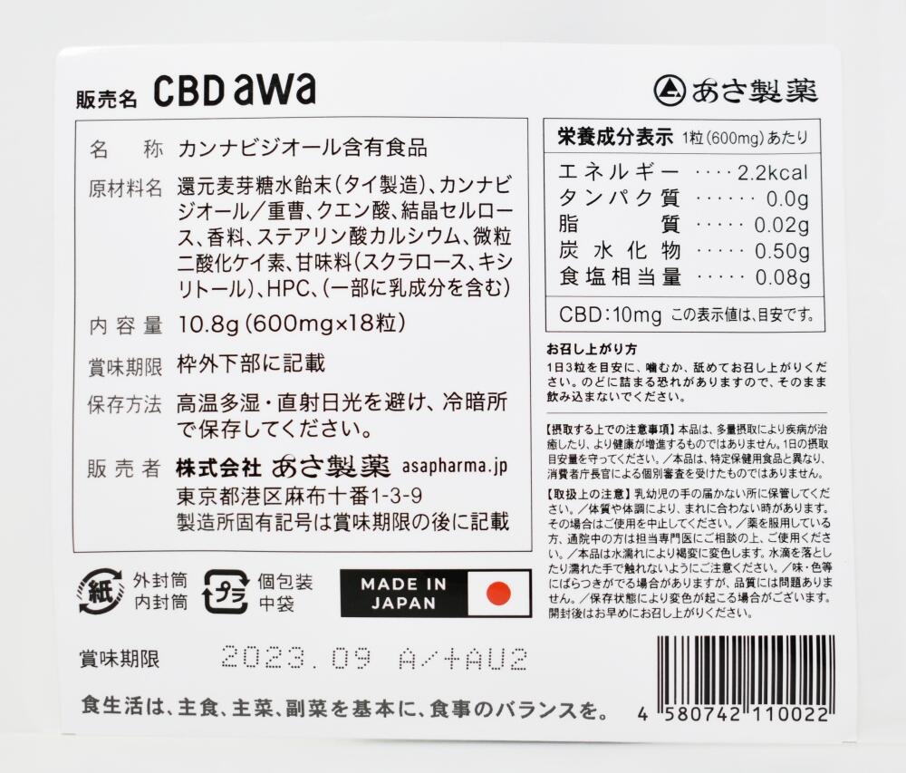 「CBD awa」の原材料名と栄養成分表示