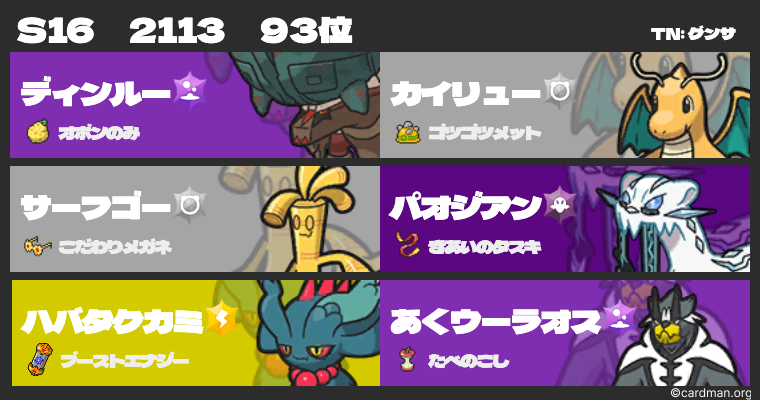 S16 最終93位 ディンルーカイリューハバタクカミ - gunsa-pokeの日記