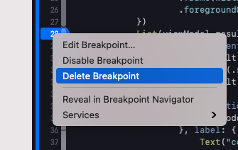 コンテキストメニューにブレークポイントを削除する項目がある