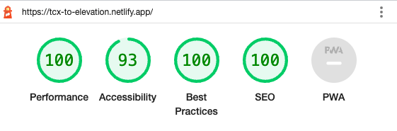 Lighthouseの結果。Performance: 100/100, Accessibility: 93/100, Best Practices: 100/100, SEO: 100/100, PWA: N/A