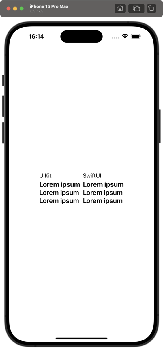 UIKitとSwiftUIというヘッダーがあり、それぞれの列に3行ずつLorem ipsumと書いてある。1行目の文字が太く、2,3行目の文字が細い。
