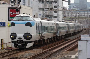 野田駅を通過する287系(HC601編成・パンダくろしお「Smileアドベンチャートレイン」)