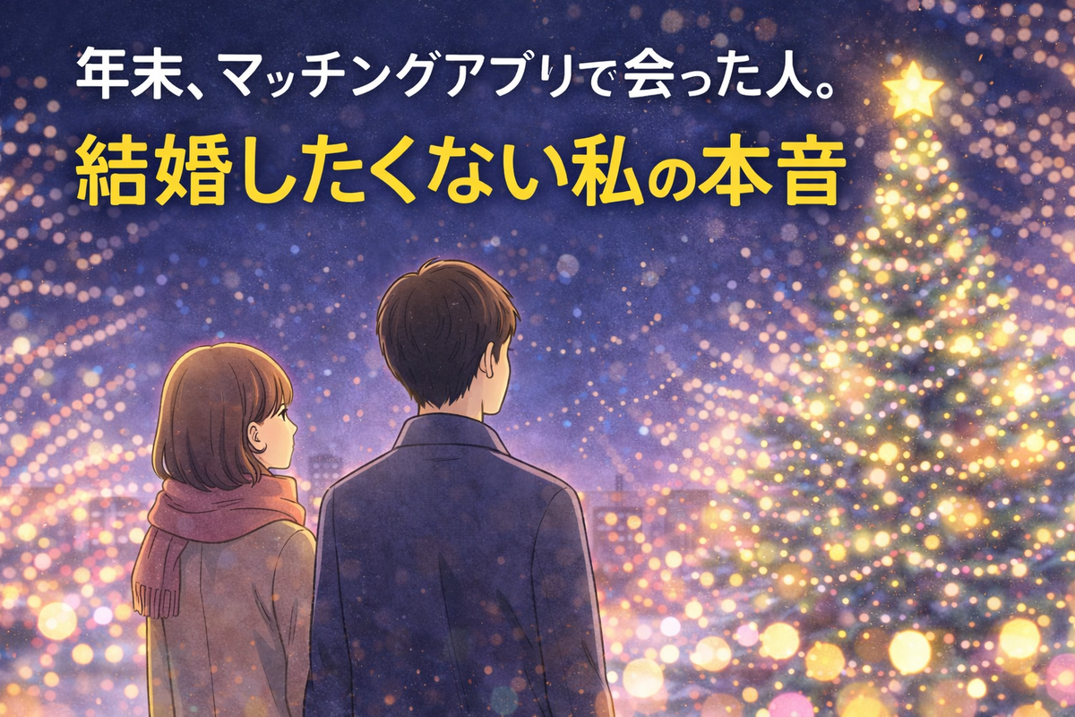 年末にマッチングアプリで出会った男女がイルミネーションを見ているイラスト