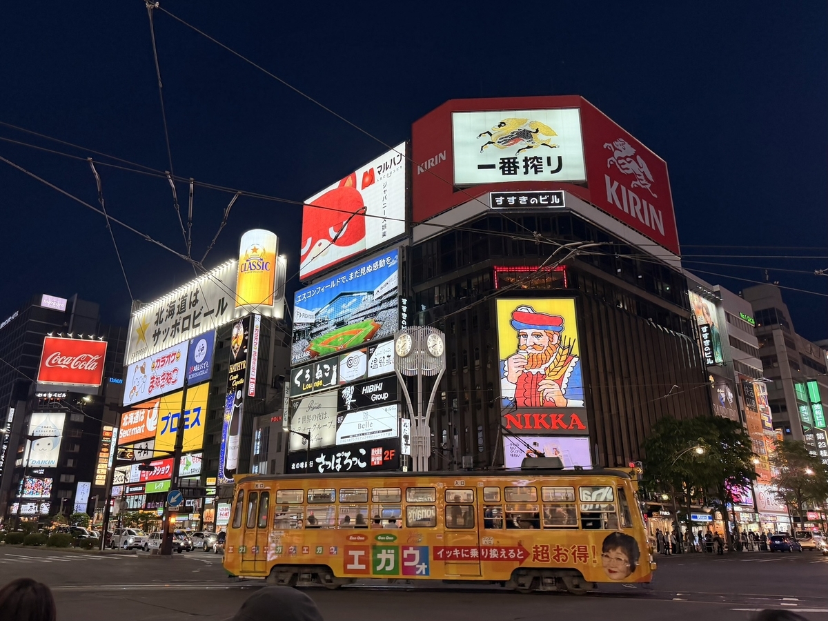 鉄道看板札幌行ー稚内行　（一枚表裏） 札幌市電と有名看板の1枚 すすきの ラーメン横丁で全コーンを