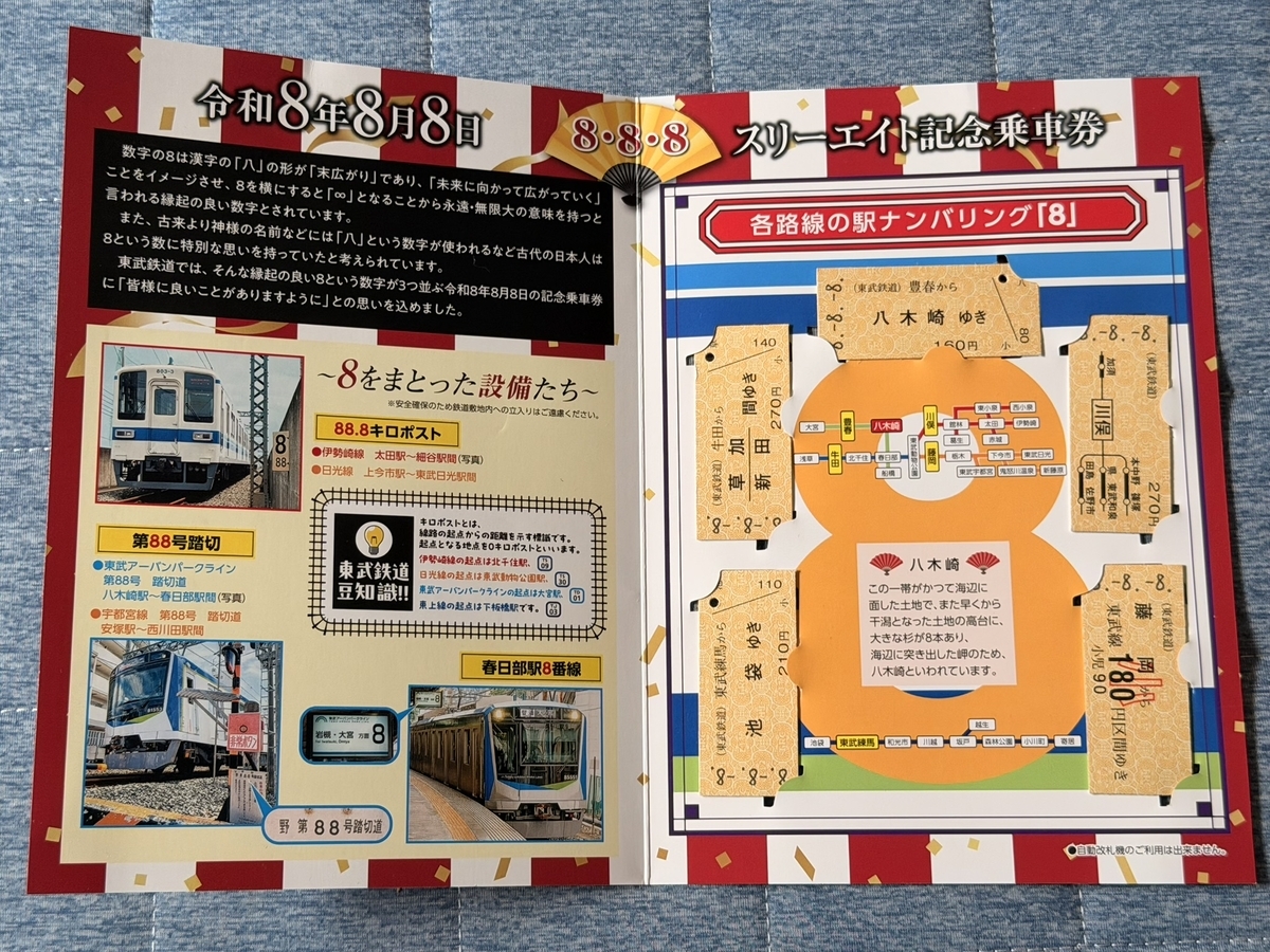 令和8年8月8日 東武鉄道記念乗車券（台紙）は乗車券はもちろん車両も駅