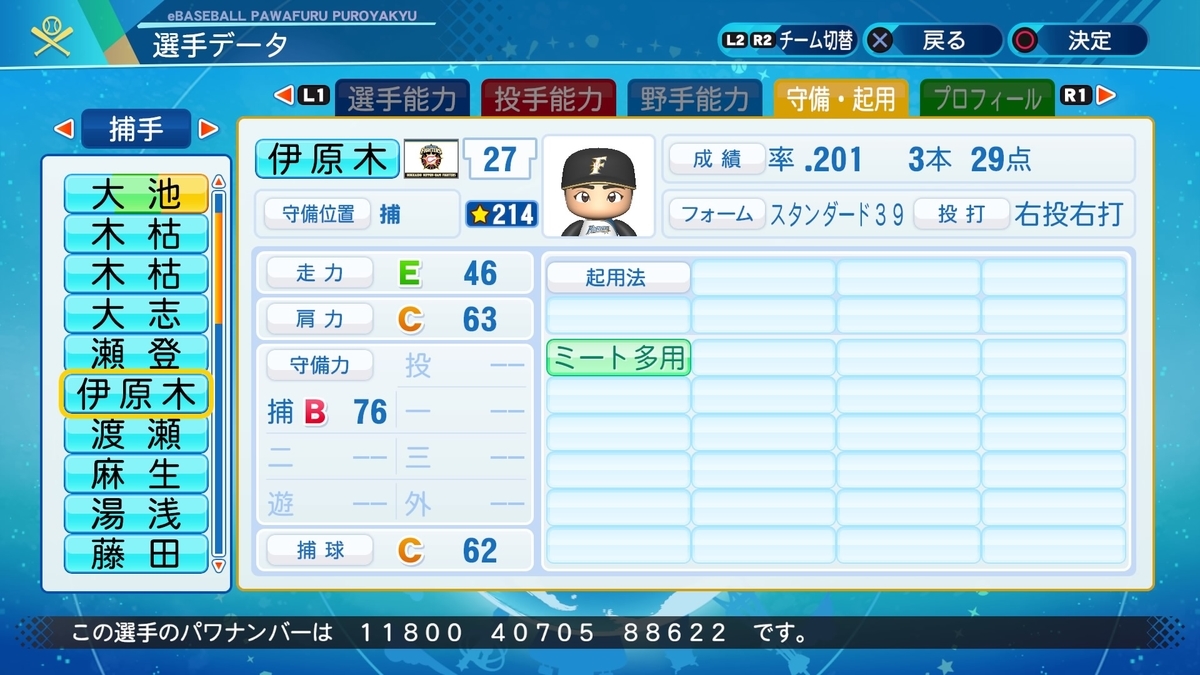 パワプロ2020 架空・パワプロ2020】伊原木 征司（捕手）【パワナンバー・画像
