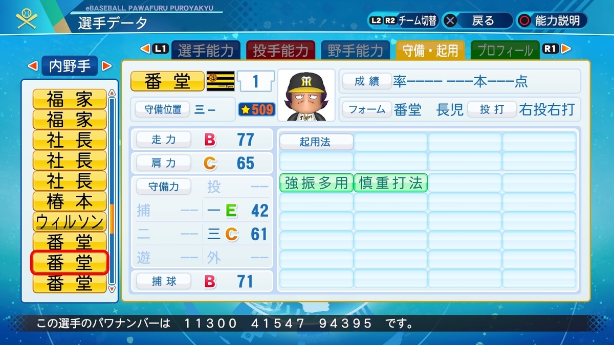 サクセス・パワプロ2020】番堂 長児（三塁手）②【パワナンバー・画像