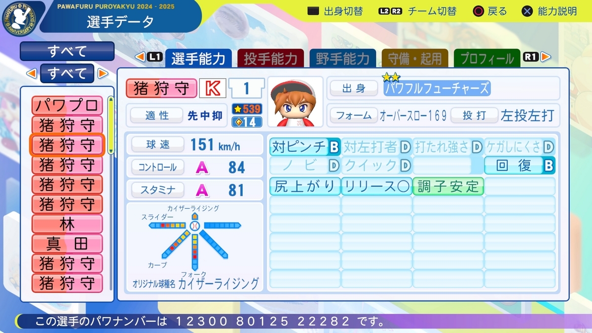 サクセス・2024-2025】猪狩 守（投手）⑤ パワフェスLv.13版【パワ