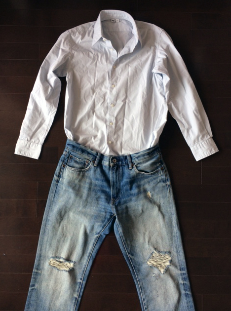 ユニクロユーのブロードシャツとダメージジーンズ