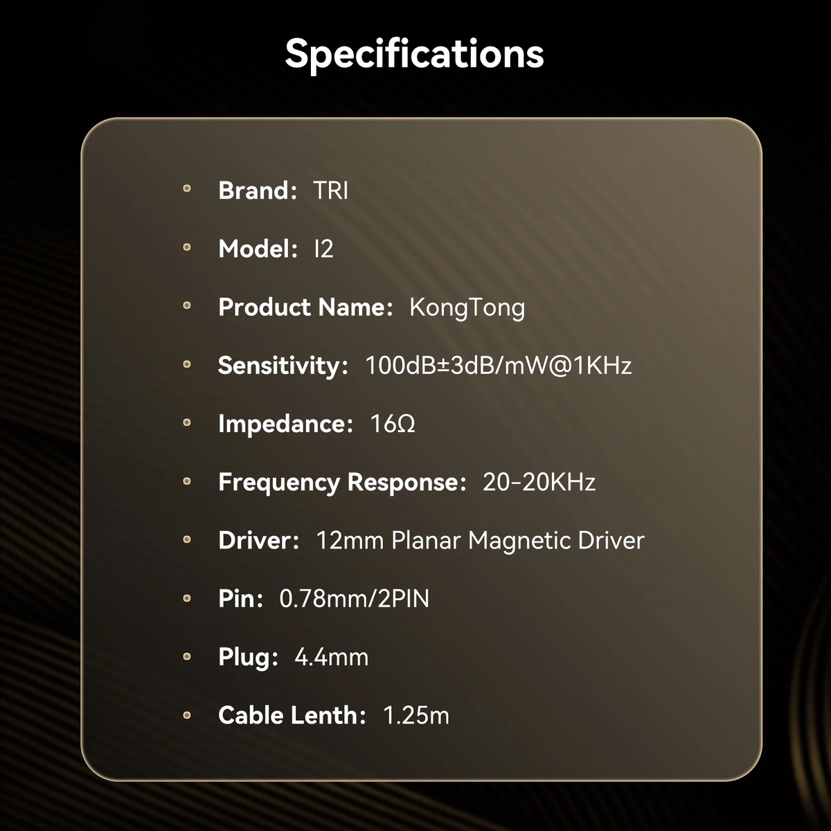 主なスペック：感度100dB±3dB/mW@1kHz／16Ω／20–20kHz／12mm平面磁界／4.4mm／1.25m