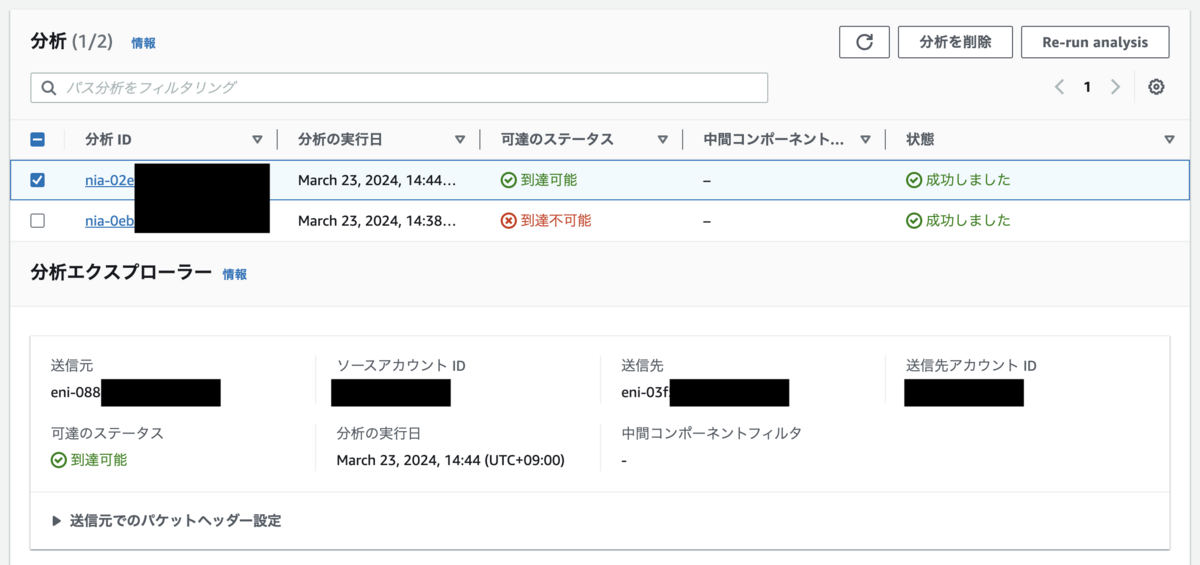 Reachability Analyzer 到達可能になった結果