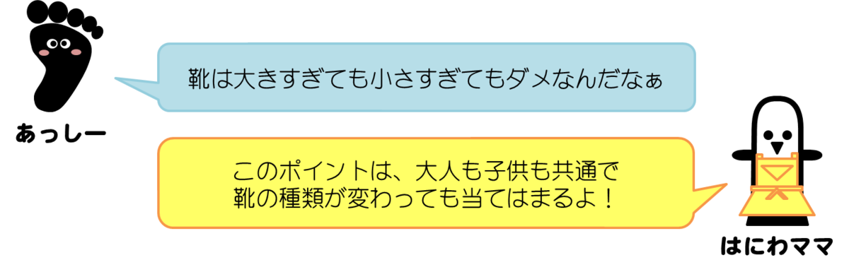 あっしーコメント：靴は大きすぎても小さすぎてもダメなんだな　はにわママコメント：このポイントは大人も子供も共通、靴の種類が変わっても当てはまるよ