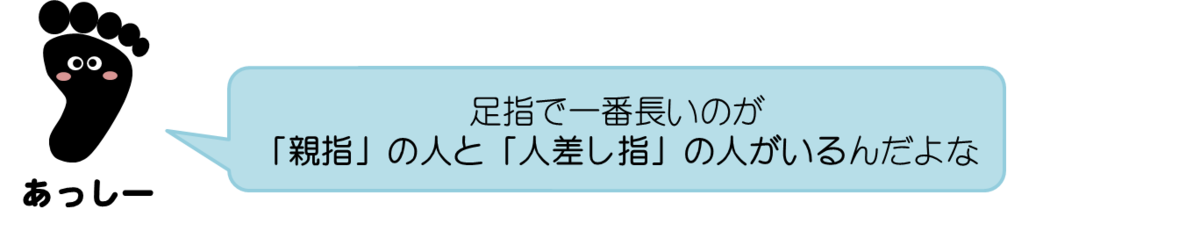 あっしーコメント：足指で一番長いのが「親指」の人と「人差し指」の人がいるんだよな