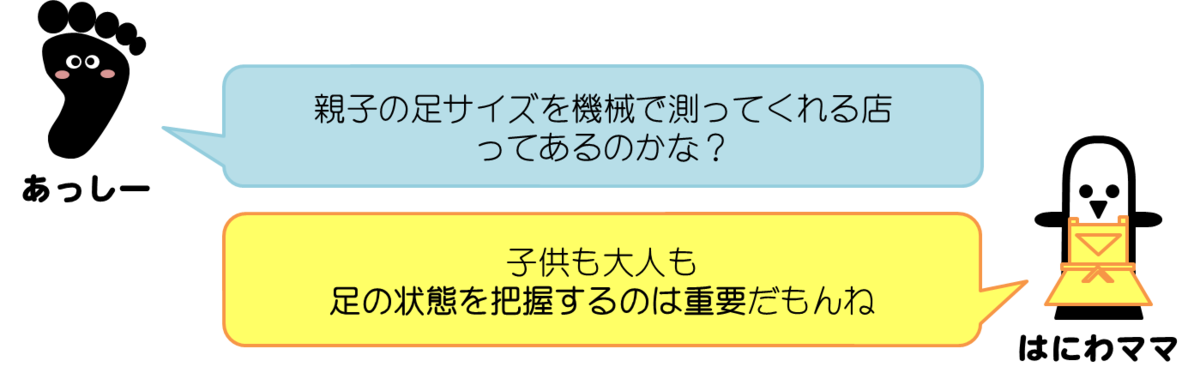 あっしーコメント：親子の足サイズを機械で測ってくれる店ってあるのかな？  はにわママコメント：子供も大人も足の状態を把握するのは重要だもんね