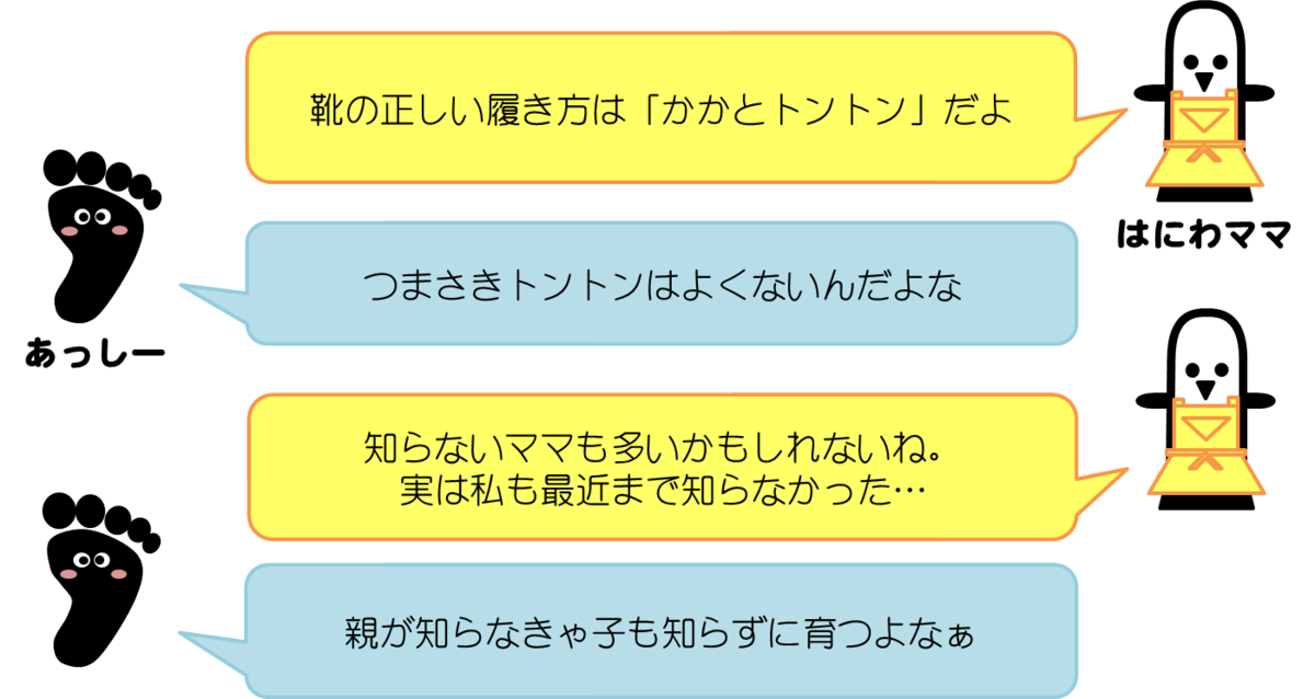 はにわママコメント：靴の正しい履き方は「かかとトントン」だよ  あっしーコメント：つまさきトントンはよくないんだよな  はにわママコメント：知らないママも多いかもしれないね。実は私も最近まで知らなかった…  あっしーコメント：親が知らなきゃ子も知らずに育つよなぁ