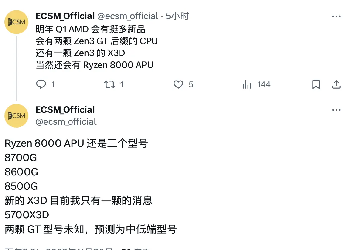 Ryzen 8000 シリーズ8700G、8600G、8500G、Ryzen5700X3Dが1月に発表 