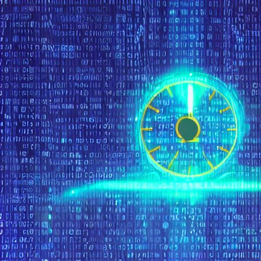 Stable Diffusionで作成 (プロンプト：time synchronization effect, cyber space background, dark terminal prompt)