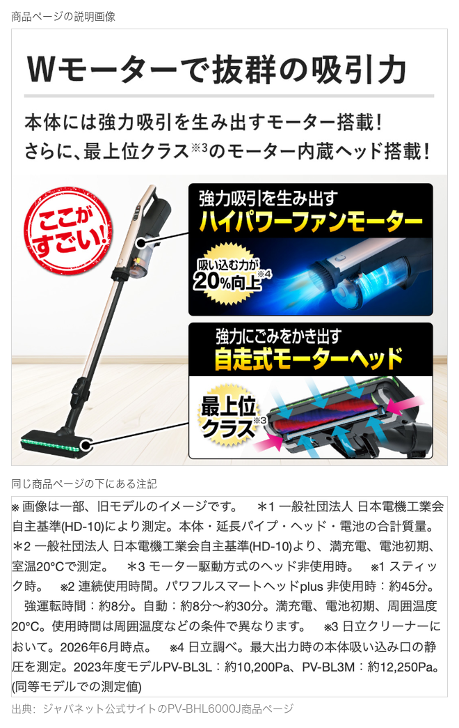 ジャパネット PV-BHL6000J 強力吸引を生み出すハイパワーファンモーター 吸い込む力が20%向上 と同じページの注記