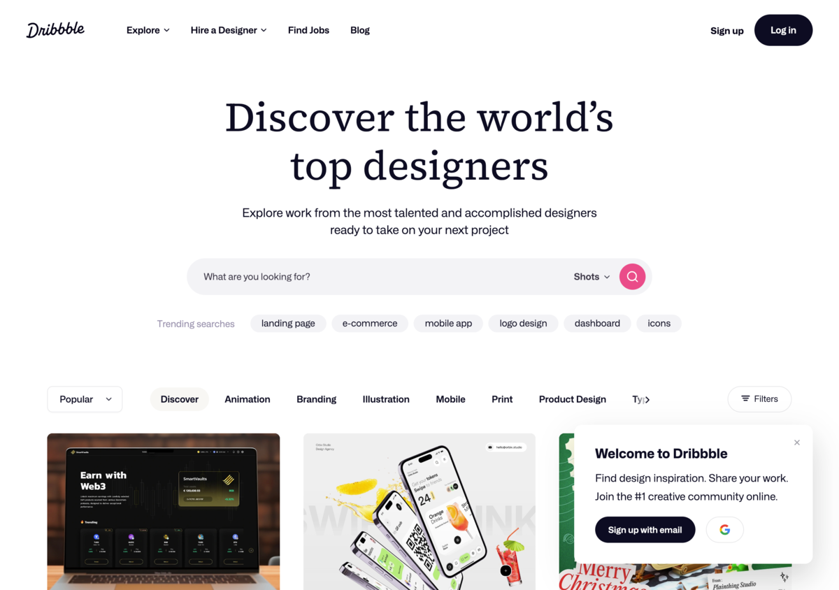 dribbbleのサービス画面