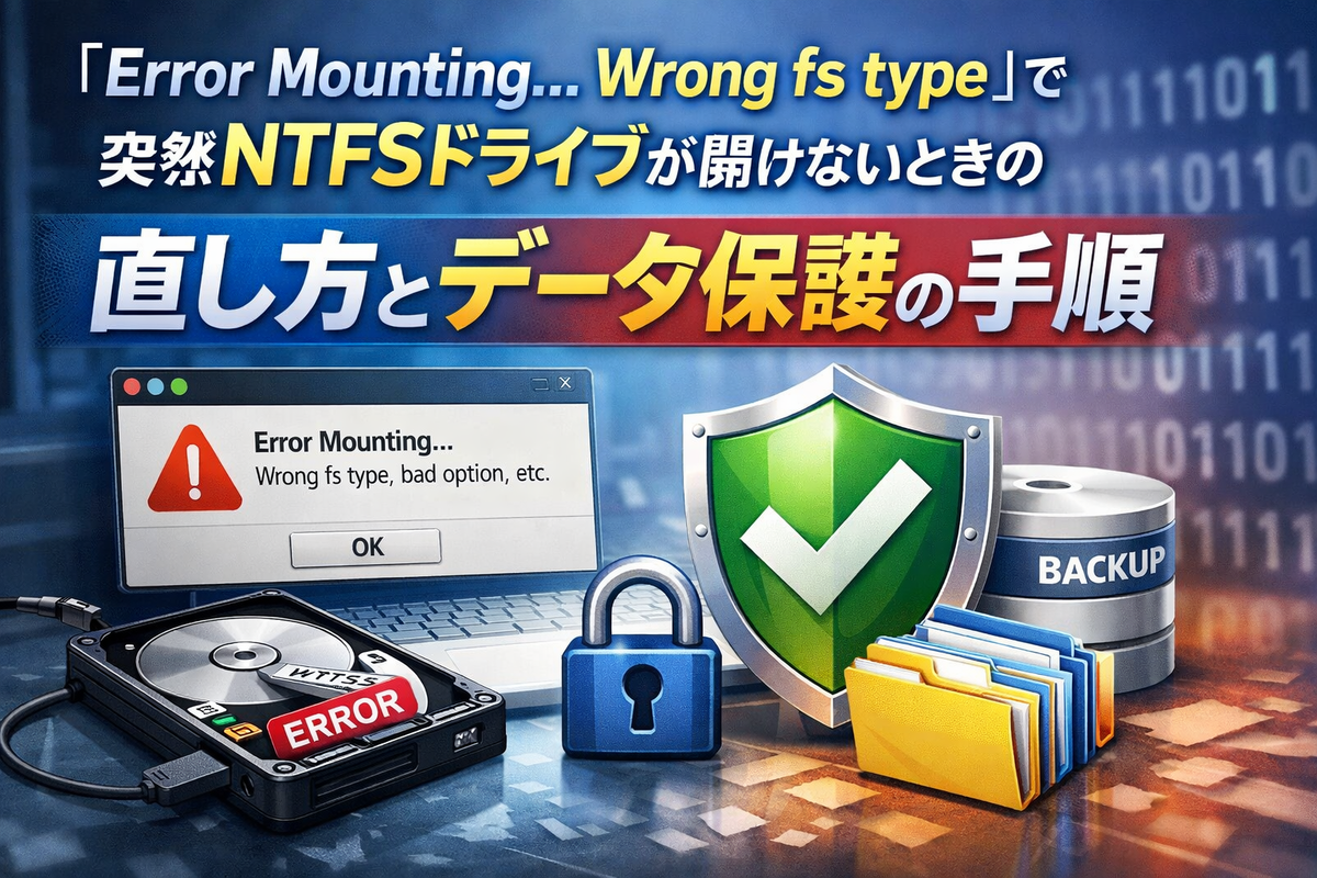 Error Mounting… Wrong fs type」で突然NTFSドライブが開けないときの直し方とデータ保護の手順 - エラー大全集