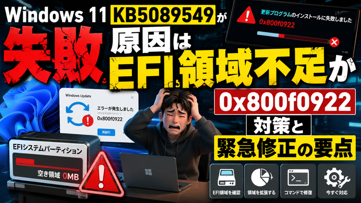 Windows 11 KB5089549が失敗する原因はEFI領域不足か 0x800f0922対策と 