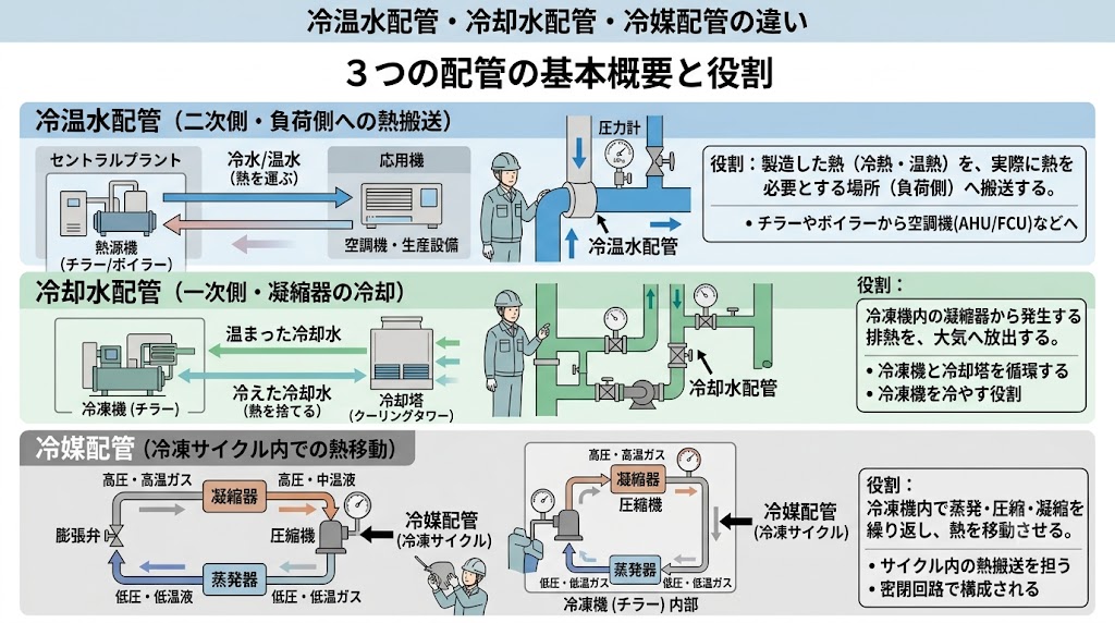 冷温水配管・冷却水配管・冷媒配管の違い - 設備保全担当が知っておき