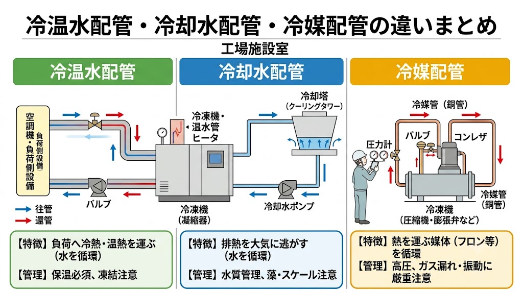 冷温水配管・冷却水配管・冷媒配管の違い - 設備保全担当が知っておき