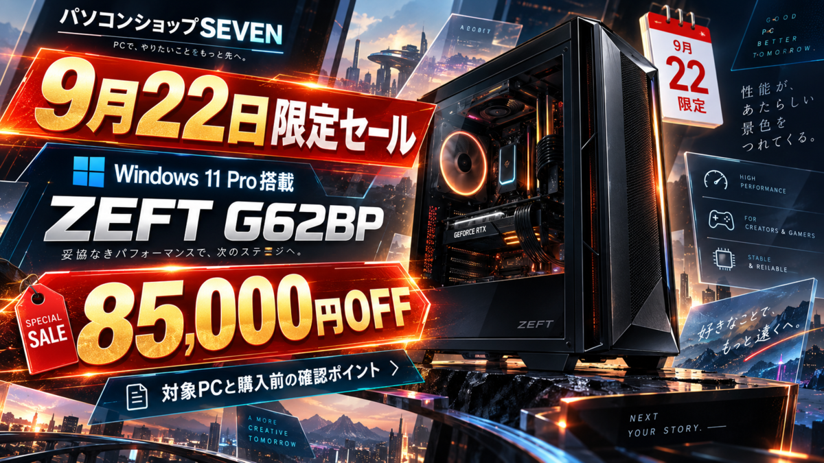 パソコンショップSEVENが9月22日限定セール、Windows 11 Pro搭載「ZEFT