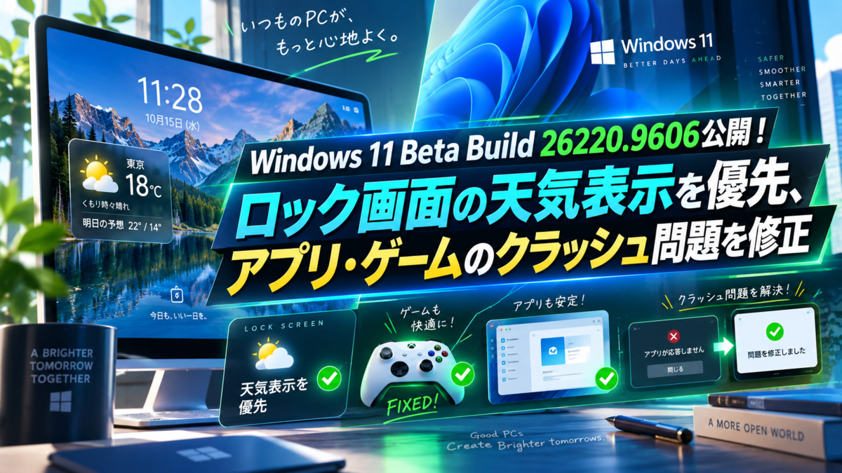 Windows 11 Beta Build 26220.9606公開！ロック画面の天気表示を優先