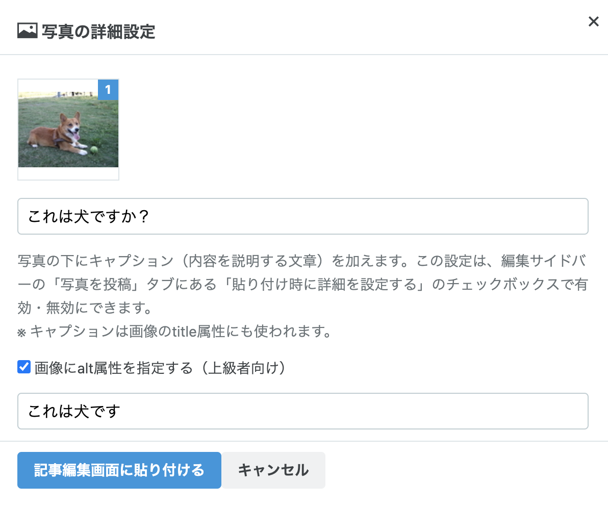 「写真の詳細設定」で「キャプション」に「これは犬ですか？」を「画像にalt属性を指定する（上級者向け」に「これは犬です。」を入力した場合のスクリーンショット