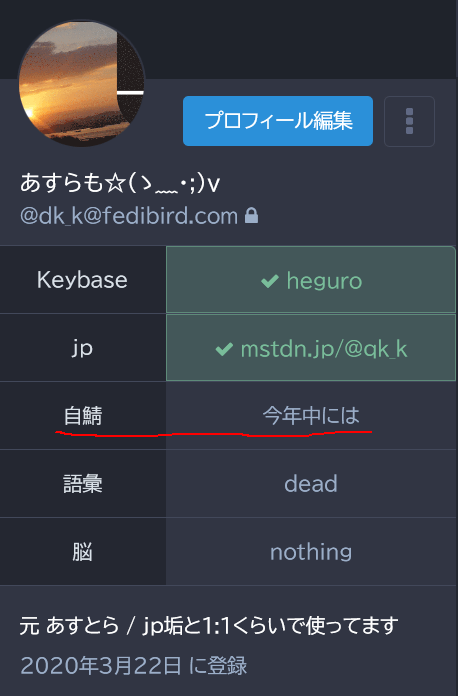 fedibird.comのメインアカウントのプロフィール画面　「自鯖: 今年中には」と書いてある
