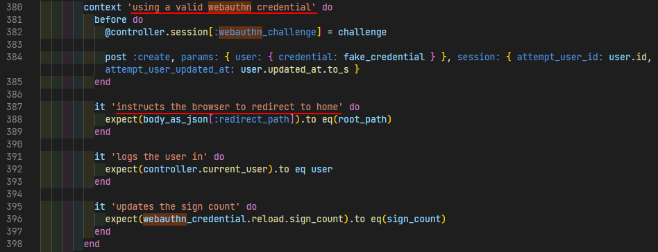 該当するコードのスクリーンショット。 「using a valid webauthn credential」「instructs the browser to redirect to home」などの記述がある