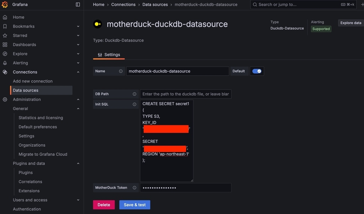 motherduck-duckdb-datasourceのデータソース設定画面