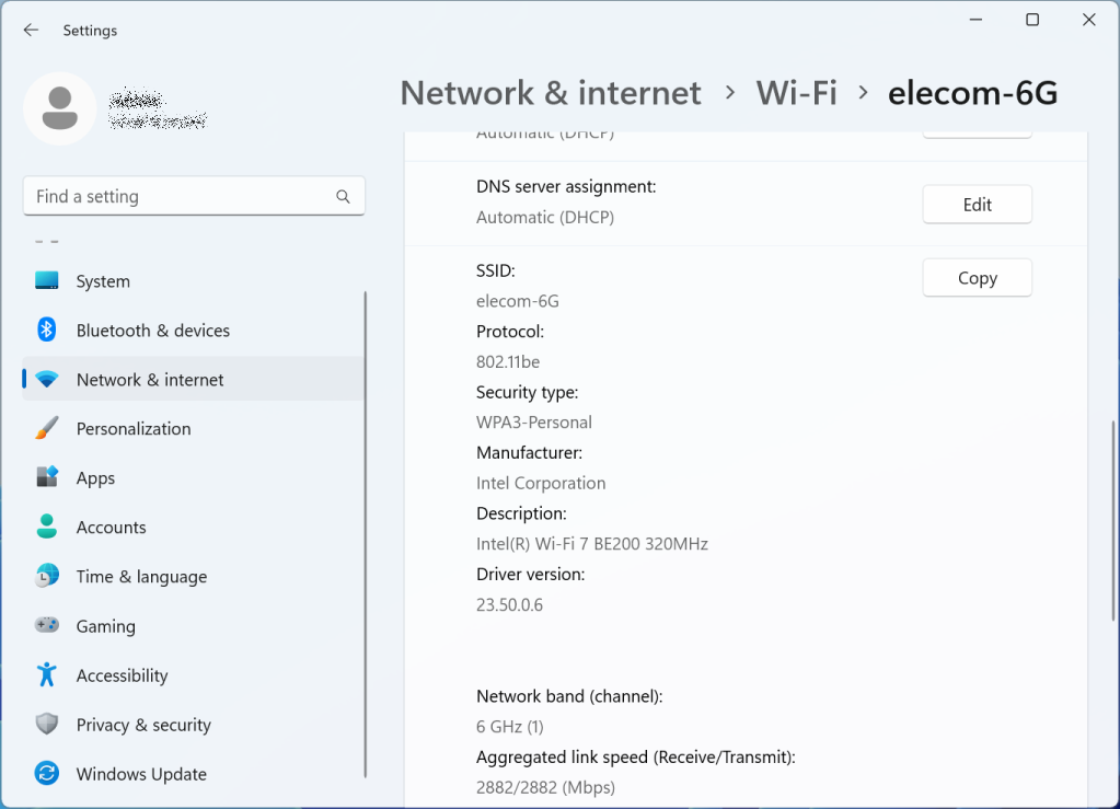 Intel BE200のWi-Fi 7接続