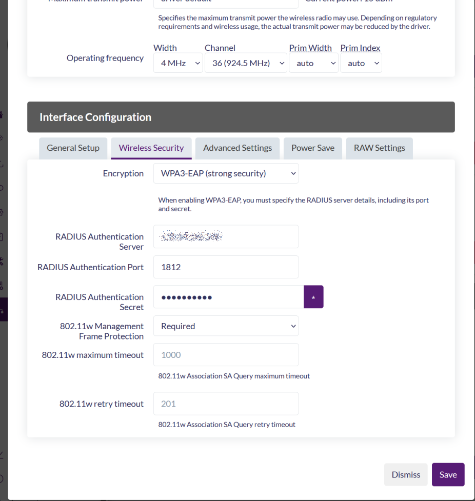 WPA3 Enterpriseのウェブ設定画面