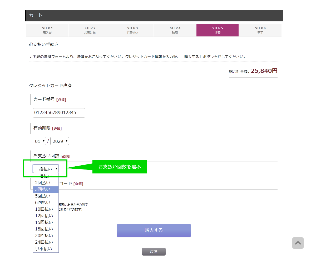 お支払い回数を選択できます
