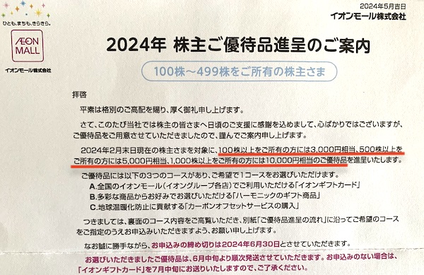 イオンモールからの株主優待2024年6月 - ひねもすのたり